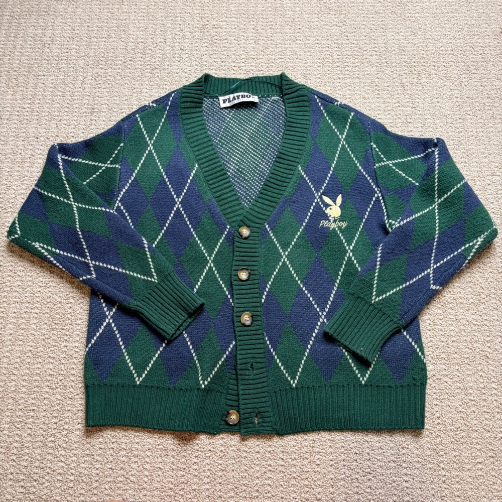 Playboy by PacSun Mens Argyle Cardigan Sweater Green Navy Blue Gold Logo Medium